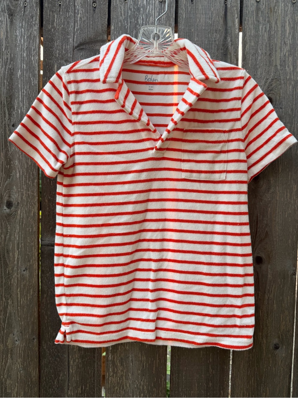 Kids 11-12y Boden Red and White Striped Loop Terry Kids Polo